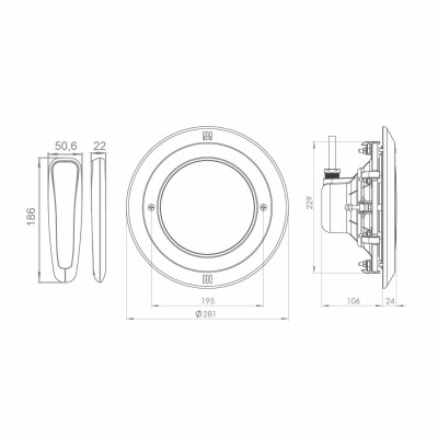 medidas vistas proyector LED PAR56 lumiplus essential